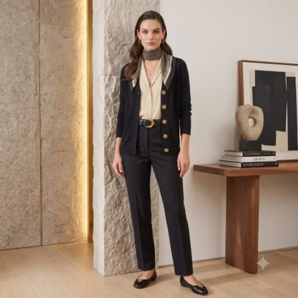 Tory Burch Simone Black Merino Wool Cardigan Sweater Gold Logo Buttons M